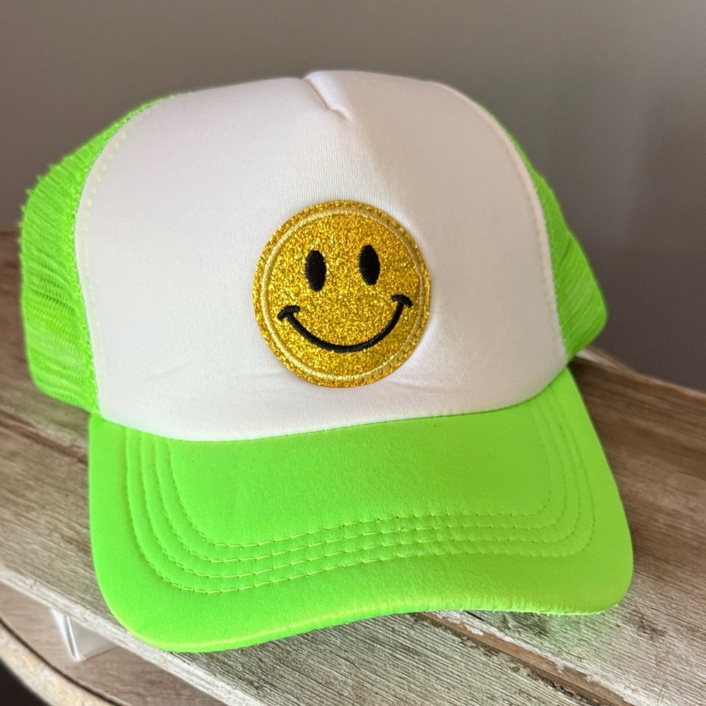 Happy hat! Gold smiley, bright green,
New